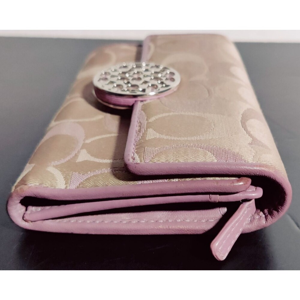 Coach Signature Trifold Canvas/Leather Wallet Lavender Trim Snap Wallet - Picture 10 of 13